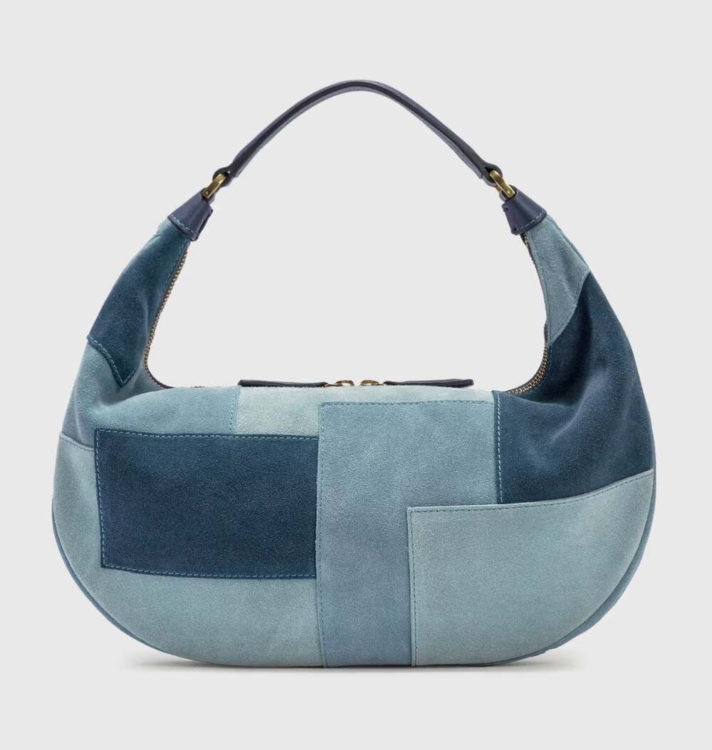 STAUD Sasha Patchwork Suede Hobo Bag Blue Leather Shoulder Bag